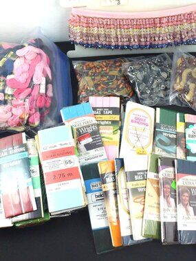 Lot of Vintage Crafting & Sewing Supplies (trims, floss, tape, etc.)